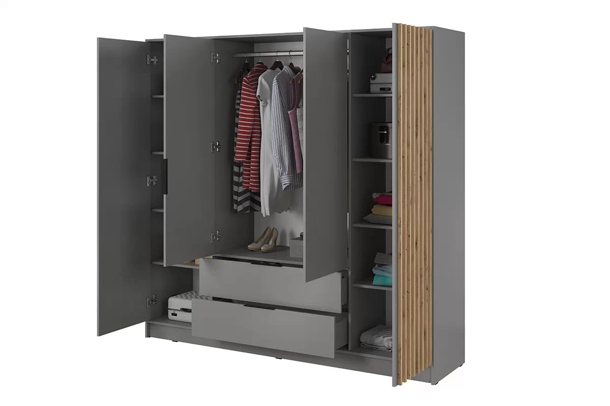 Skriňa s lamelami Neria - sivá / dub artisan Štvordverová skriňa