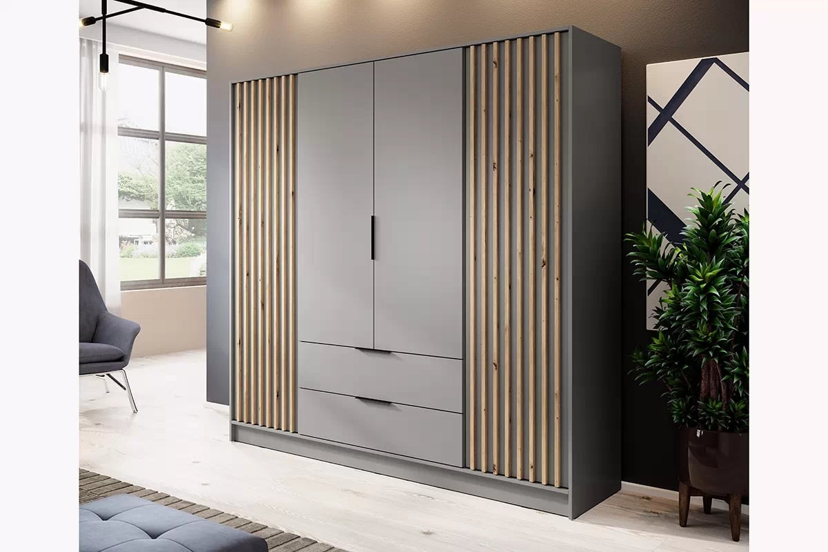 Skriňa s lamelami Neria - sivá / dub artisan Sivá skriňa s lamelami