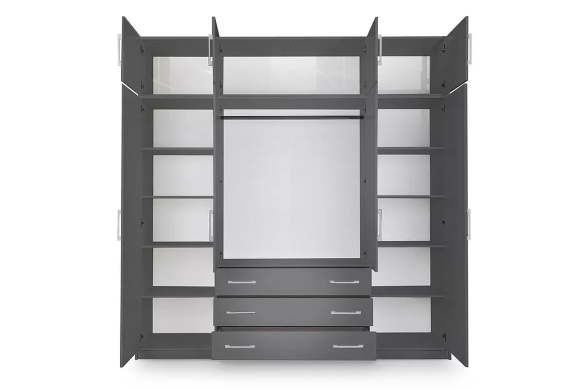 Skříň Bali 240 cm s nástavcem - grafitová skříň čtyřdveřová z zrcadlem a nástavcem Bali D4 240 cm - grafitová