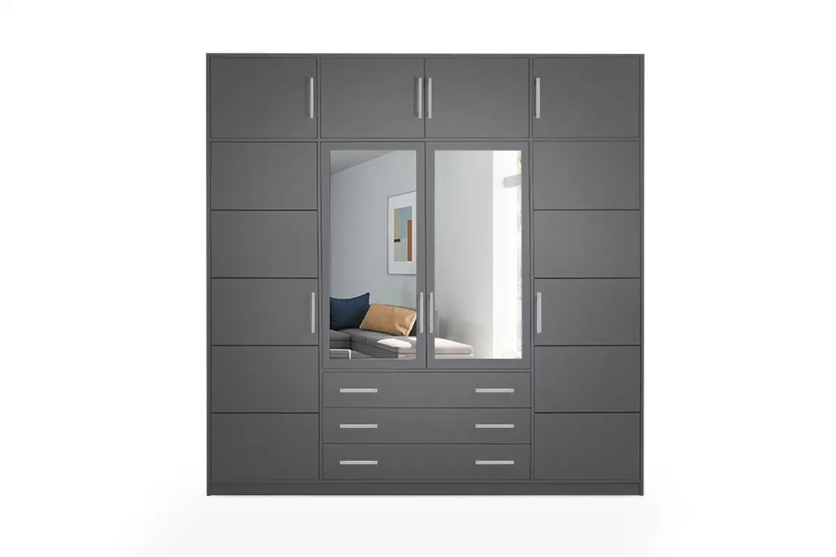Skříň Bali 240 cm s nástavcem - grafitová skříň čtyřdveřová z zrcadlem a nástavcem Bali D4 240 cm - grafitová