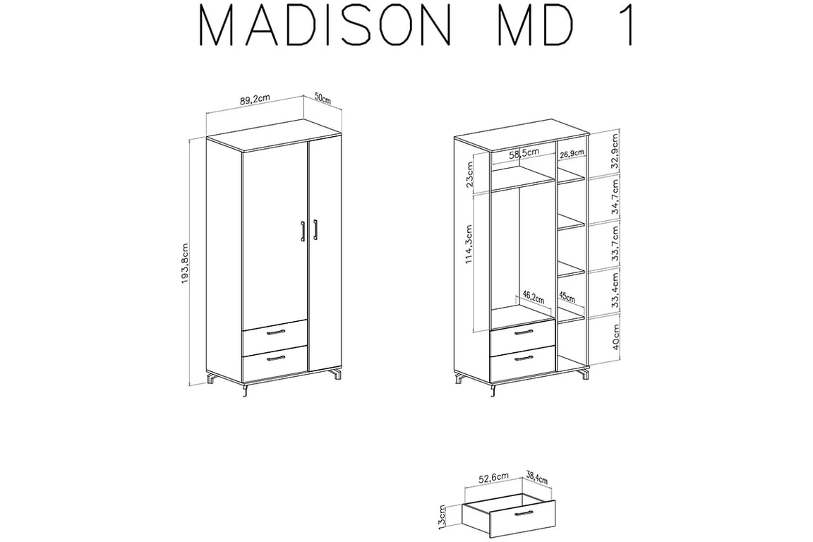 Skriňa dvojdverová s dvoma zásuvkami Madison MD1 - biely / dub piškótový Skriňa dvojdverová s dvoma zásuvkami Madison MD1 - Biely / dub piškótový - Rozmery