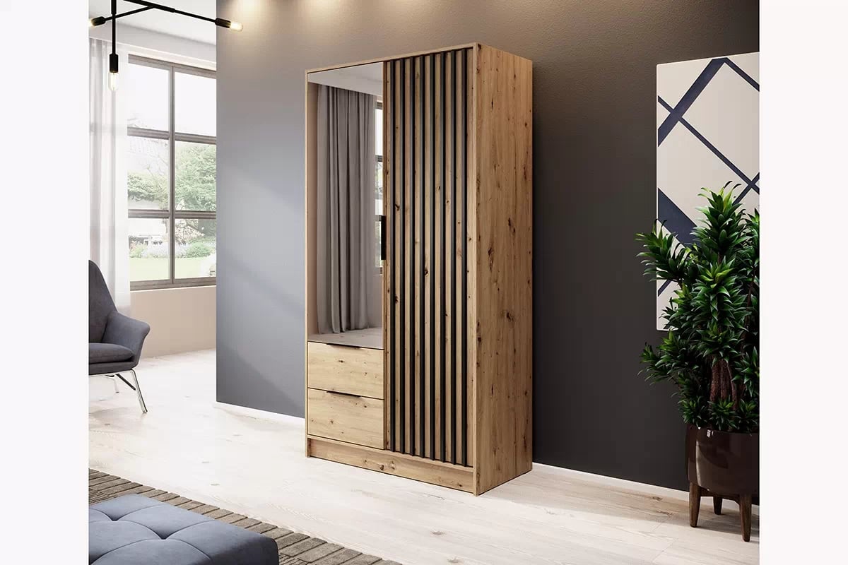 Skriňa s lamelami so zrkadlom Neria - dub artisan / čierny Dvojdverová skriňa s lamelami a zrkadlom Neria - dub artisan / čierny - vizualizácia