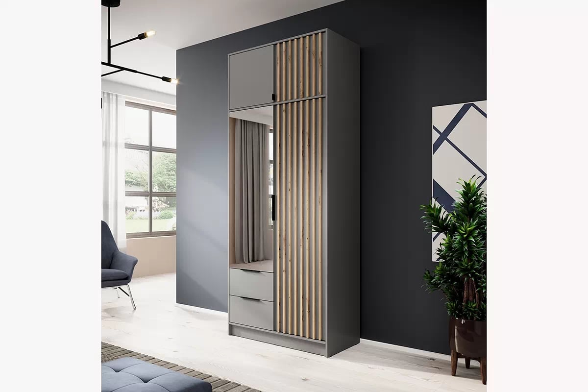 Skříň Neria 105 cm se zrcadlem - šedá / dub artisan šedá Skříň s nástavcem