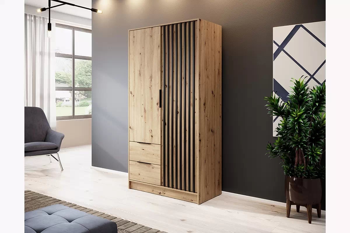 Skriňa s lamelami Neria - dub artisan / čierny Dvojdverová skriňa s lamelami Neria - dub artisan / čierny - vizualizácia