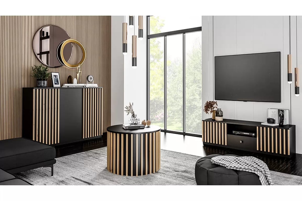 dulap cu două uși Latte z oglindă i lamelami 84 cm - stejar artizanal / negru - Oferta limitata mobilier pentru camera de zi