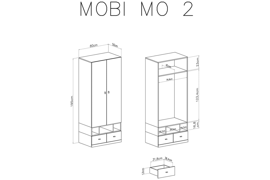 Skříň Mobi MO2 - 80 cm - bílá / tyrkysová vnitřek skříně mo2