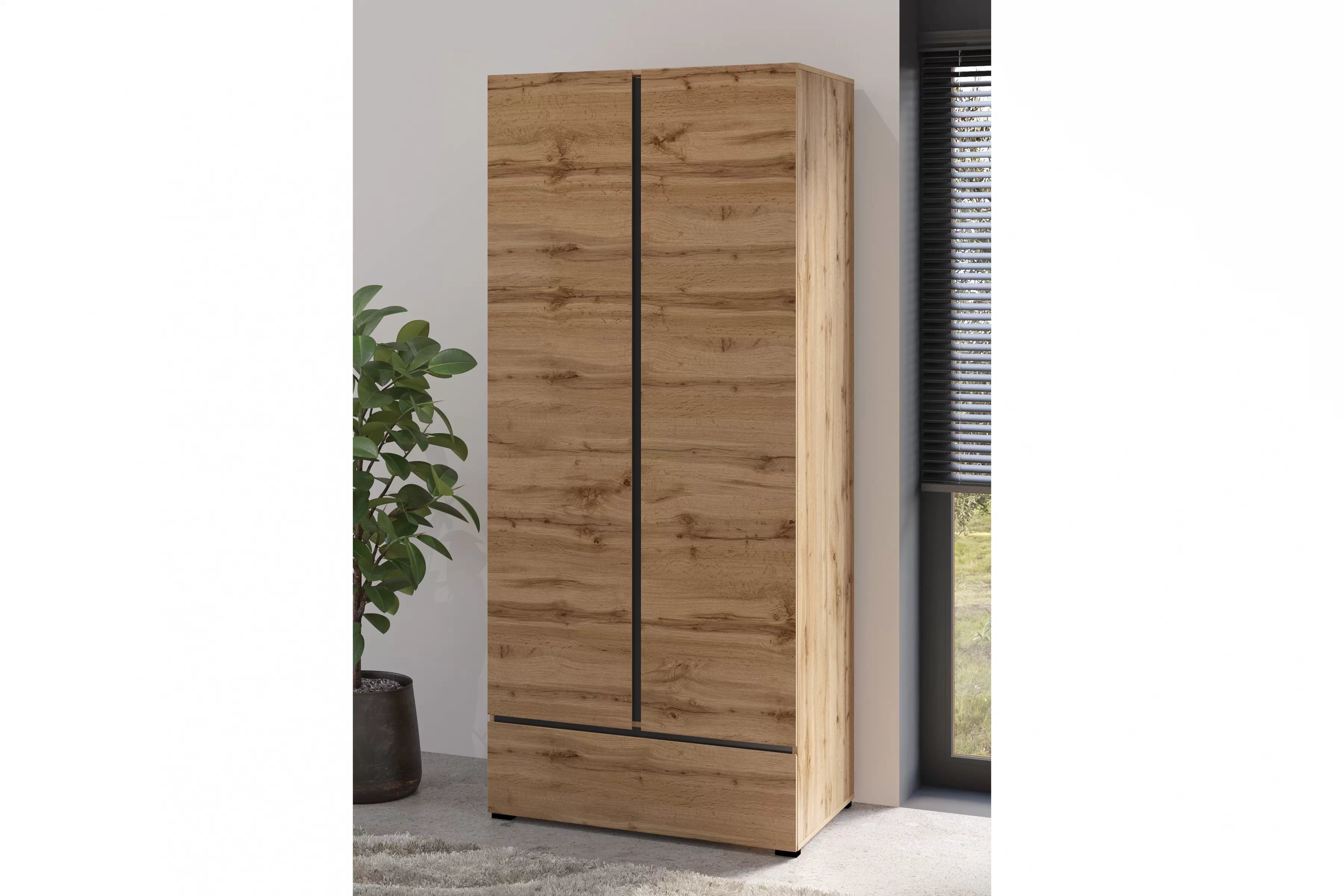 Šatníková skriňa Cross 89 cm so zásuvkou - dub wotan / čierna Skriňa Gramon 89 cm z szuflada - Dub wotan / Čierny