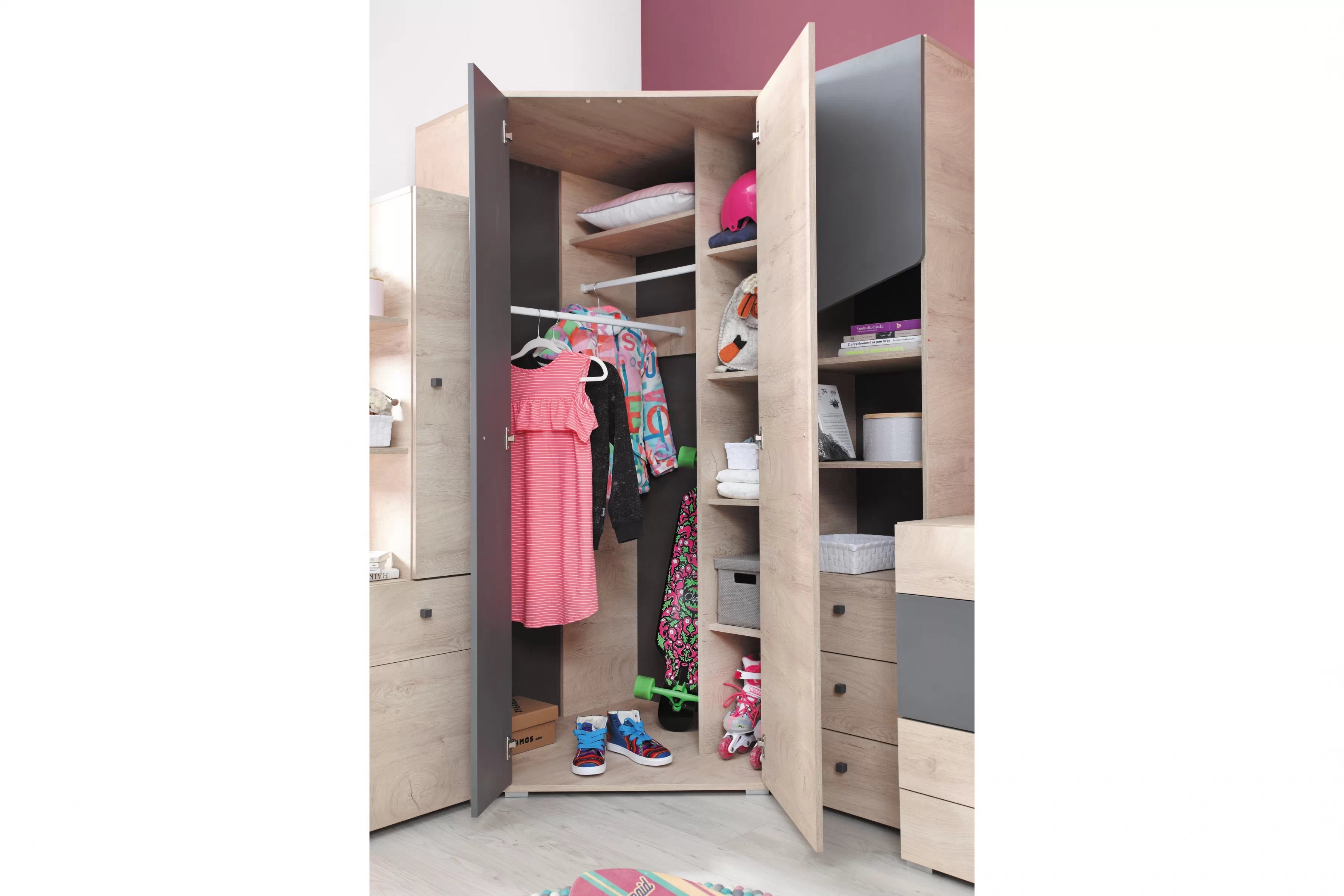 Rohová šatníková skriňa Ciljo 90 cm - dub / antracytová Skriňa mlodziezowa Delta DL2 L/P - 90 cm - Dub / Antracytová