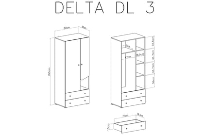 Dvoudveřová mládežnická skříň Delta DL3 - dub / antracitová Skříň mlodziezowa dvoudveřová Delta DL3 - Dub / Antracytová - schemat