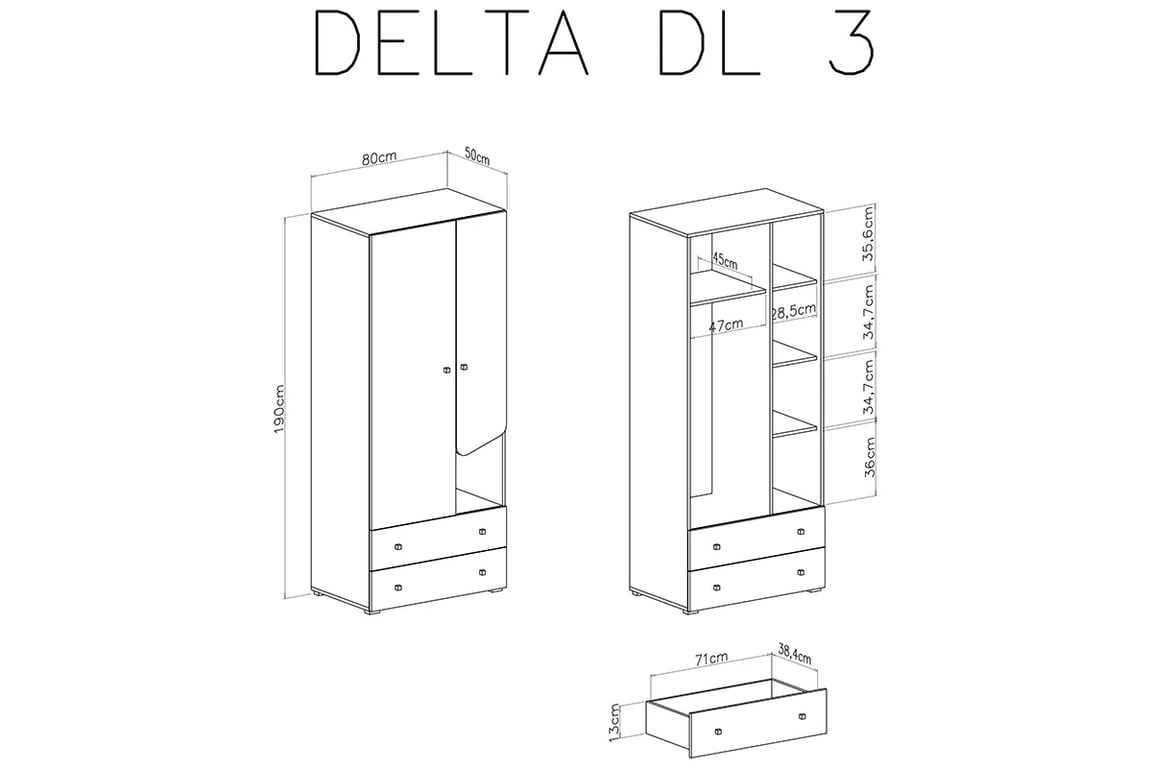 Studentská šatní skříň Ciljo 80 cm se zásuvkami - dub / antracit Skříň mlodziezowa dvoudveřová Delta DL3 - Dub / Antracytová - schemat