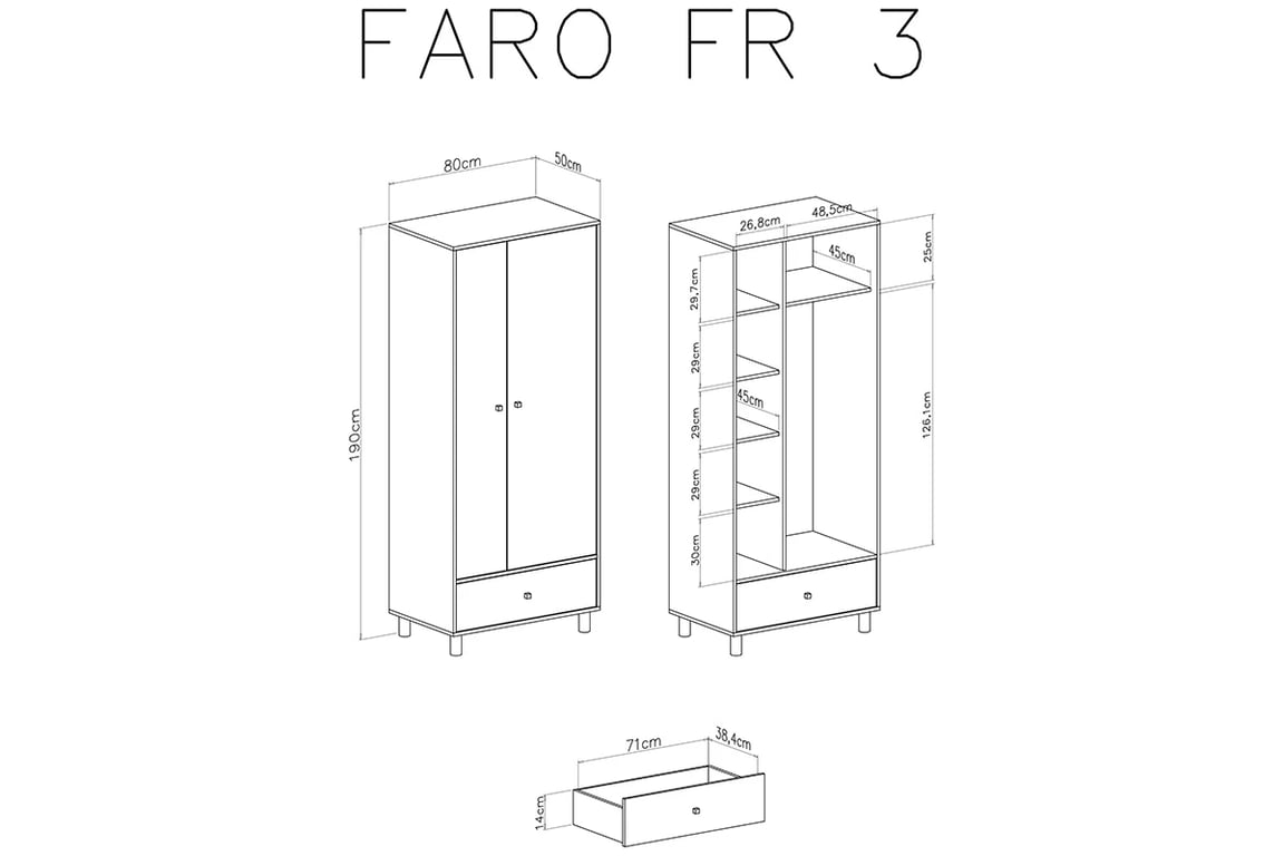 Dvoudveřová skříň Faro FR3 se zásuvkou - bílý lux / dub artisan / šedá Skříň mlodziezowa dvoudveřová se zásuvkou Faro FR3 - Bílý lux / Dub artisan / šedý - Rozměry