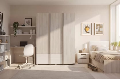 Studentská šatní skříň Lumo 1 150 cm se zásuvkami - dub wilton bílý / bílý lux / antracit skříň mlodziezowa Lumo 1 150 cm se zásuvkami - dub wilton bílá / bílá lux / antracitová