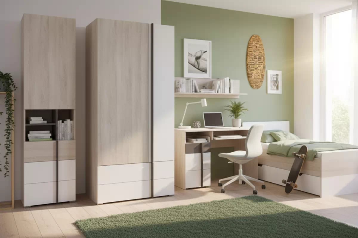 Študentská skriňa Lumo 2 90 cm so zásuvkami - dub wilton biely / biely lux / antracit Skriňa mlodziezowa Lumo 2 90 cm so zásuvkami - Dub wilton biela / biela lux / Antracytová