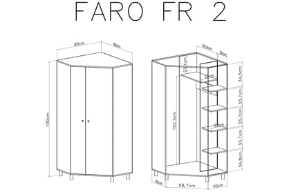 Rohová skříň Faro FR2 - bílý lux / dub artisan / šedá Skříň mlodziezowa rohová Faro FR2 - Bílý lux / Dub artisan / šedý - Rozměry