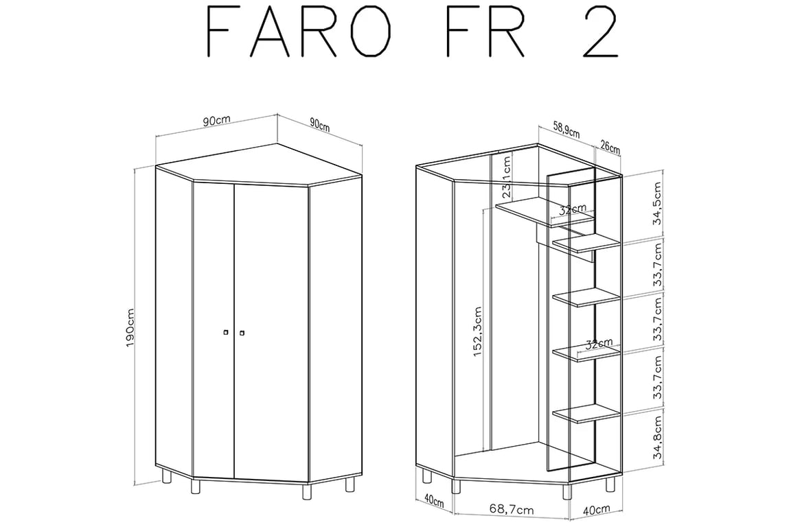 Rohová skříň Faro FR2 - bílý lux / dub artisan / šedá Skříň mlodziezowa rohová Faro FR2 - Bílý lux / Dub artisan / šedý - Rozměry