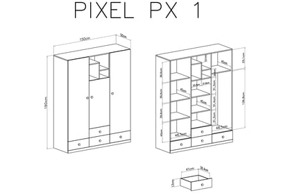 Šatní skříň Pixel 1 - dub piškotový / bílý lux / šedá Skříň mlodziezowa Pixel 1 - dub piškotový/Bílý lux/šedý - schemat