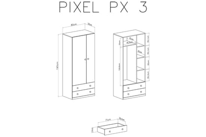 Skriňa Pixel 3 so zásuvkami 80 cm - Dub piškótový / Biely lux / šedý Skriňa mlodziezowa Pixel 3 - dub piškótový/Biely lux/šedý - schemat