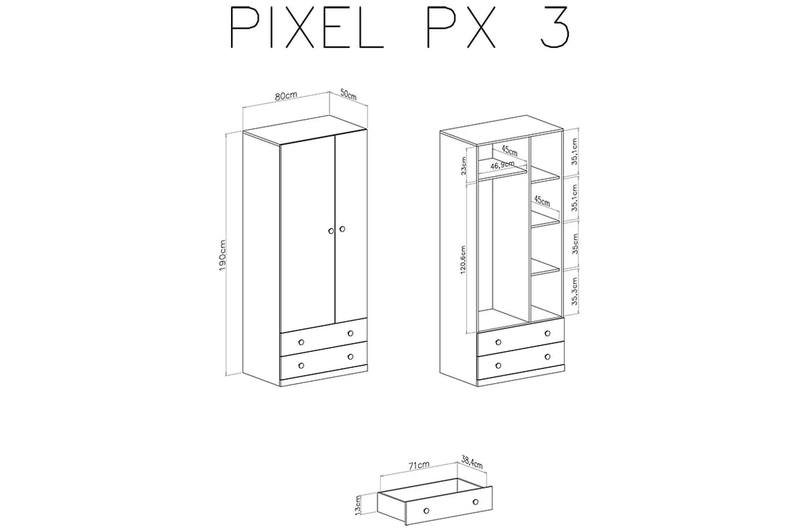 Skriňa Pixel 3 so zásuvkami 80 cm - Dub piškótový / Biely lux / šedý Skriňa mlodziezowa Pixel 3 - dub piškótový/Biely lux/šedý - schemat