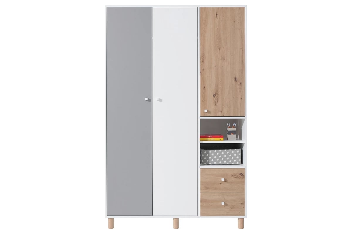 Skriňa trojdverová s dvoma zásuvkami i policami Faro FR1 - biely lux / Dub artisan / šedý Skriňa designeraka