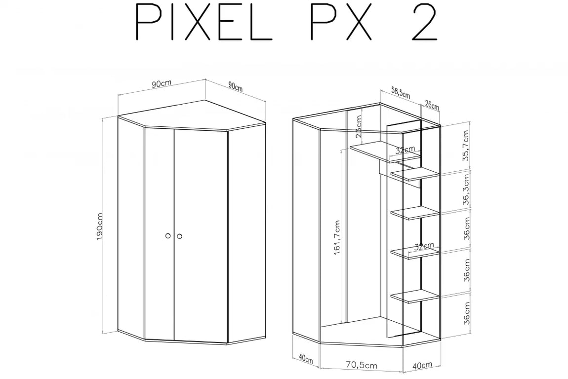 Rohová dvoudveřová skříň Pixel 2 - dub piškotový / bílý lux / šedá Skříň rohová dvoudveřová Pixel 2 - dub piškotový/Bílý lux/šedý - schemat