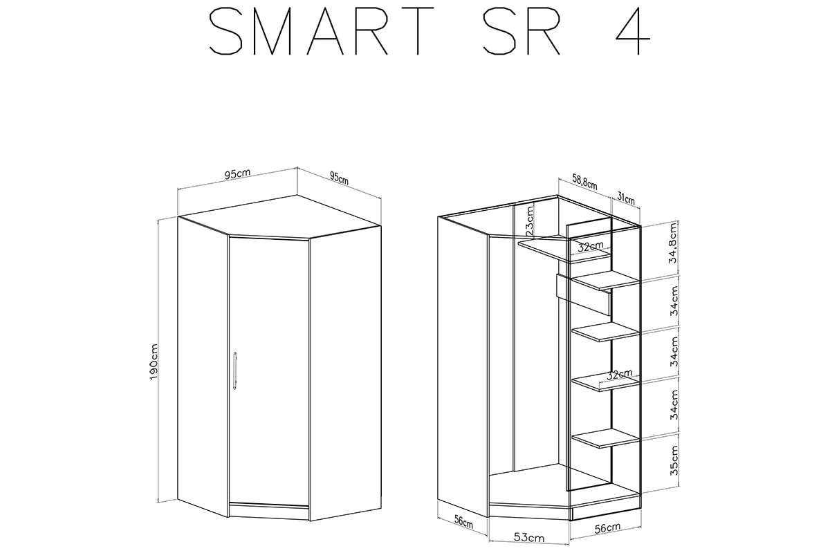 Rohová skriňa Smart SR4 - 95x95 cm - biely lux / dub sonoma Rohová skriňa jednodverová Smart SR4 - Biely lux / Dub sonoma - schemat