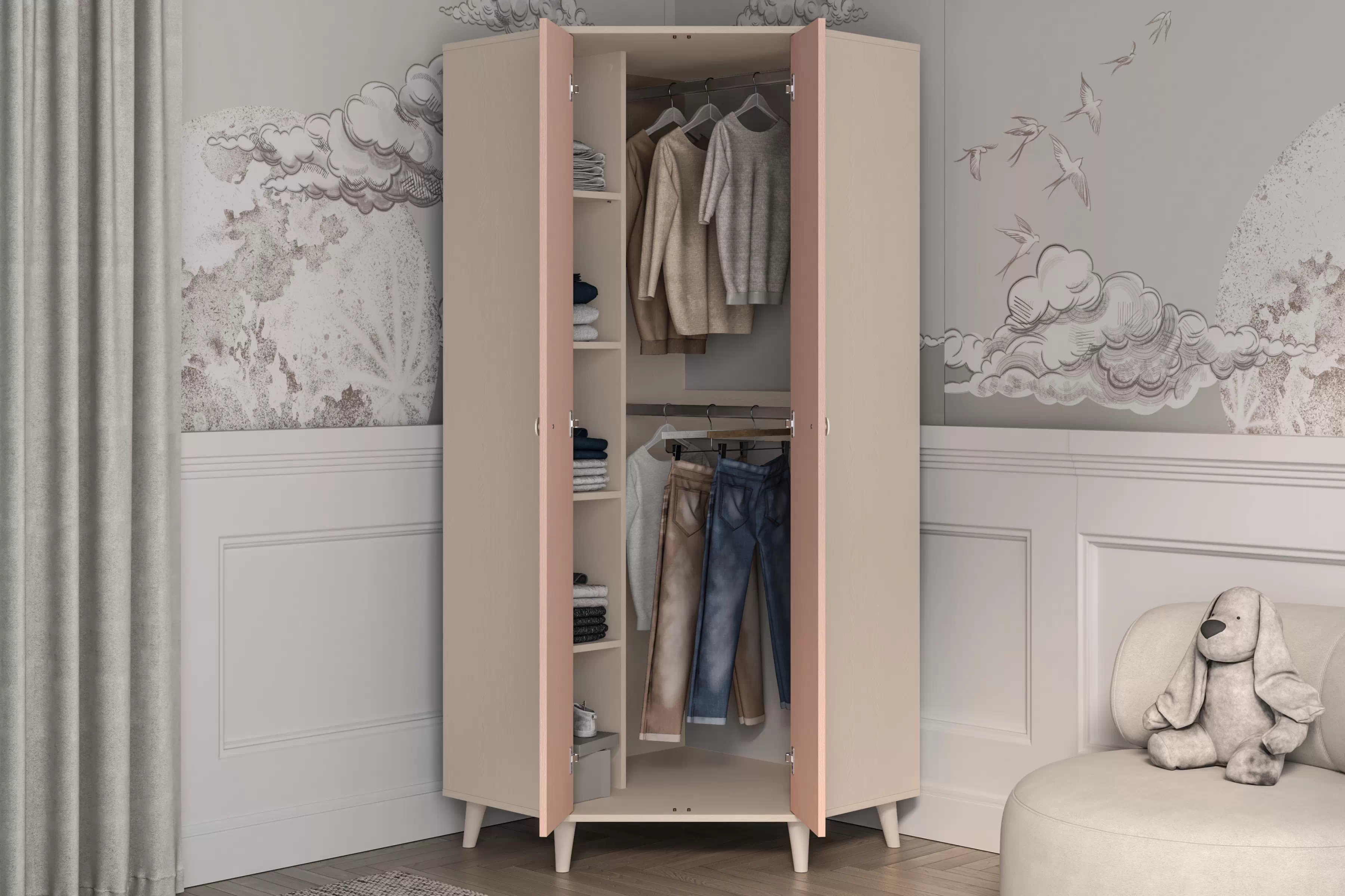 Rohová skriňa do detskej izby Marla 80 cm - púštny piesok / ružová Rohová skriňa Marla 80 cm - piasek pustyni / millenial pink