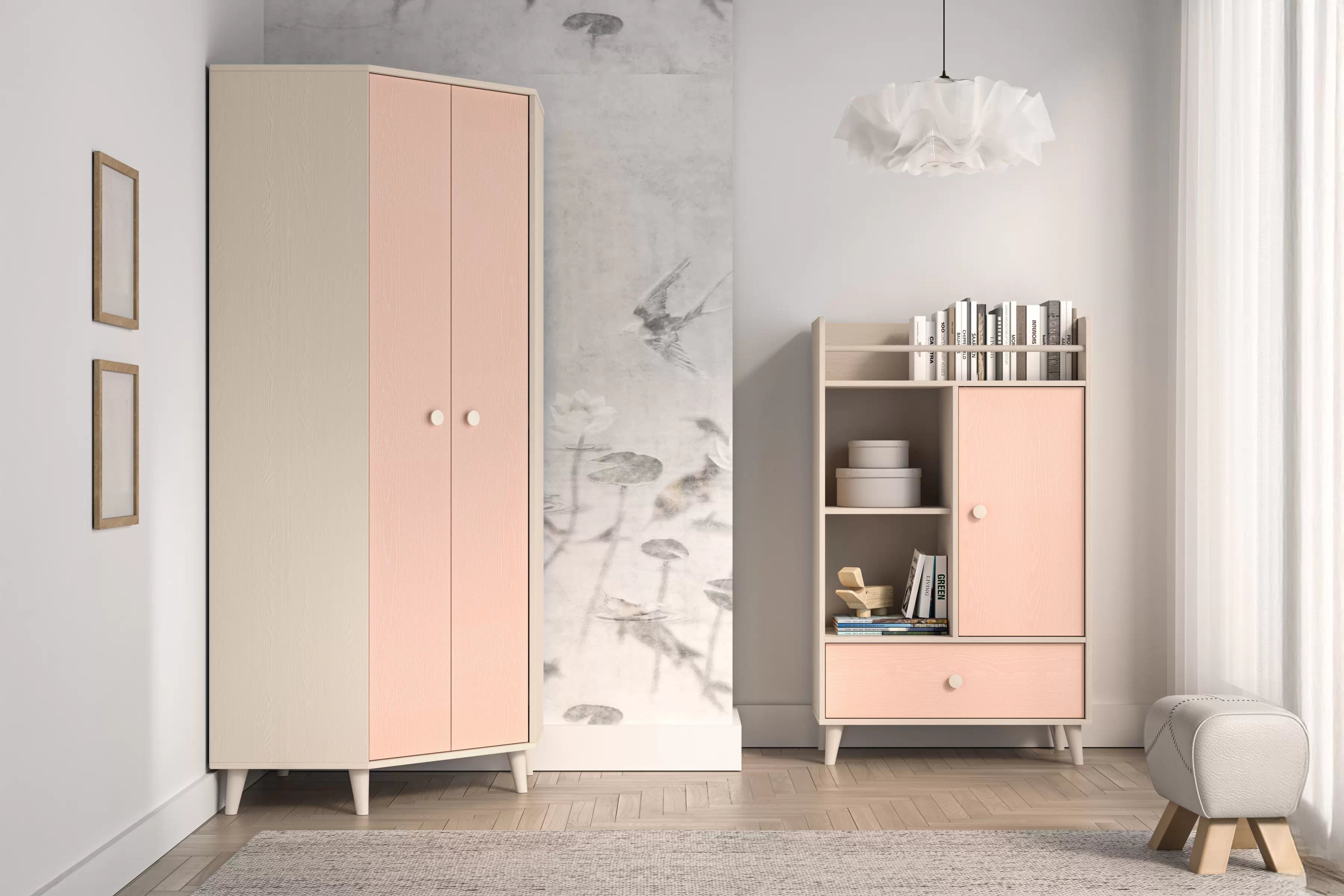 Rohová skriňa do detskej izby Marla 80 cm - púštny piesok / ružová Rohová skriňa Marla 80 cm - piasek pustyni / millenial pink