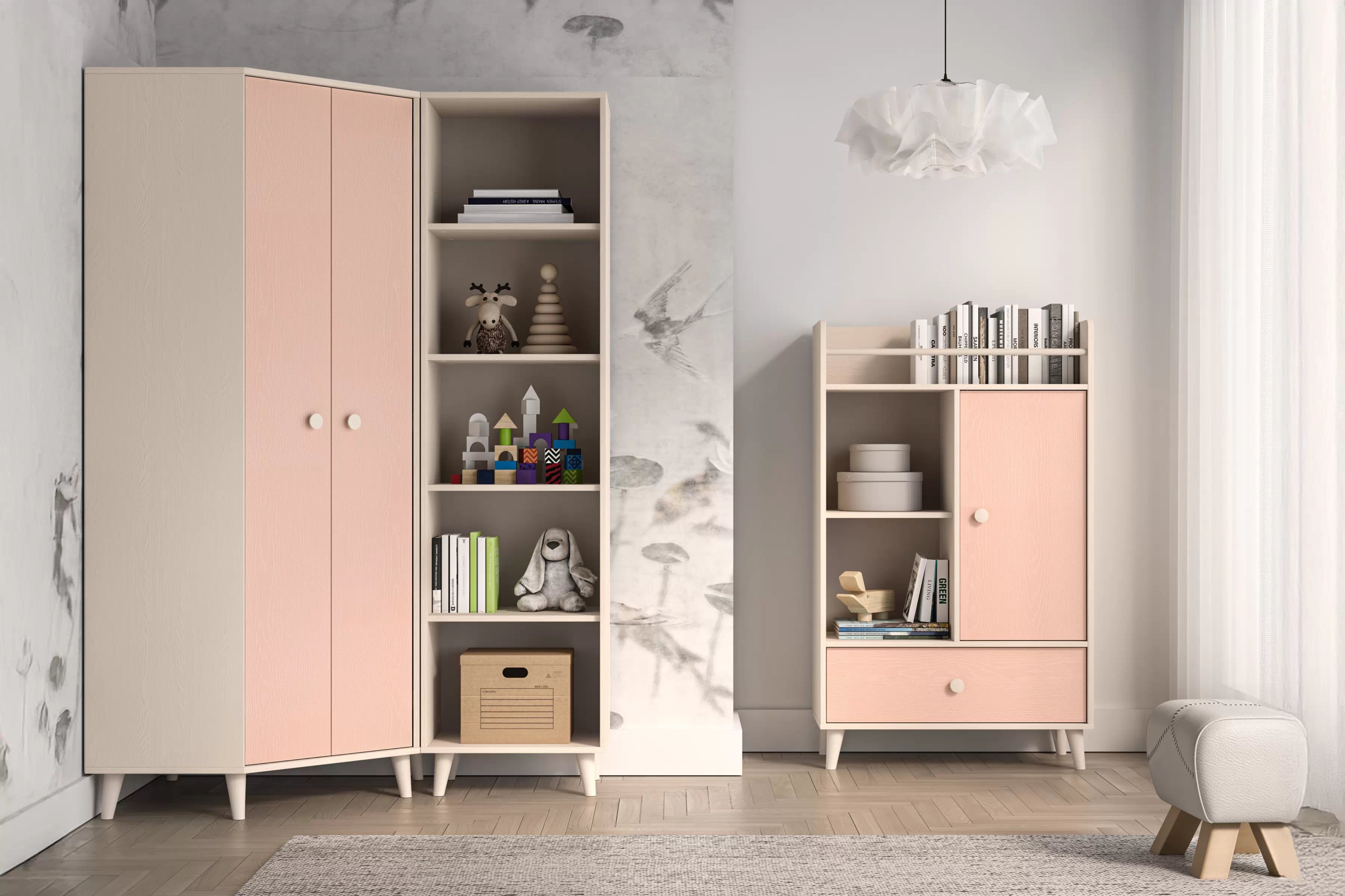 Rohová skriňa do detskej izby Marla 80 cm - púštny piesok / ružová Rohová skriňa Marla 80 cm - piasek pustyni / millenial pink