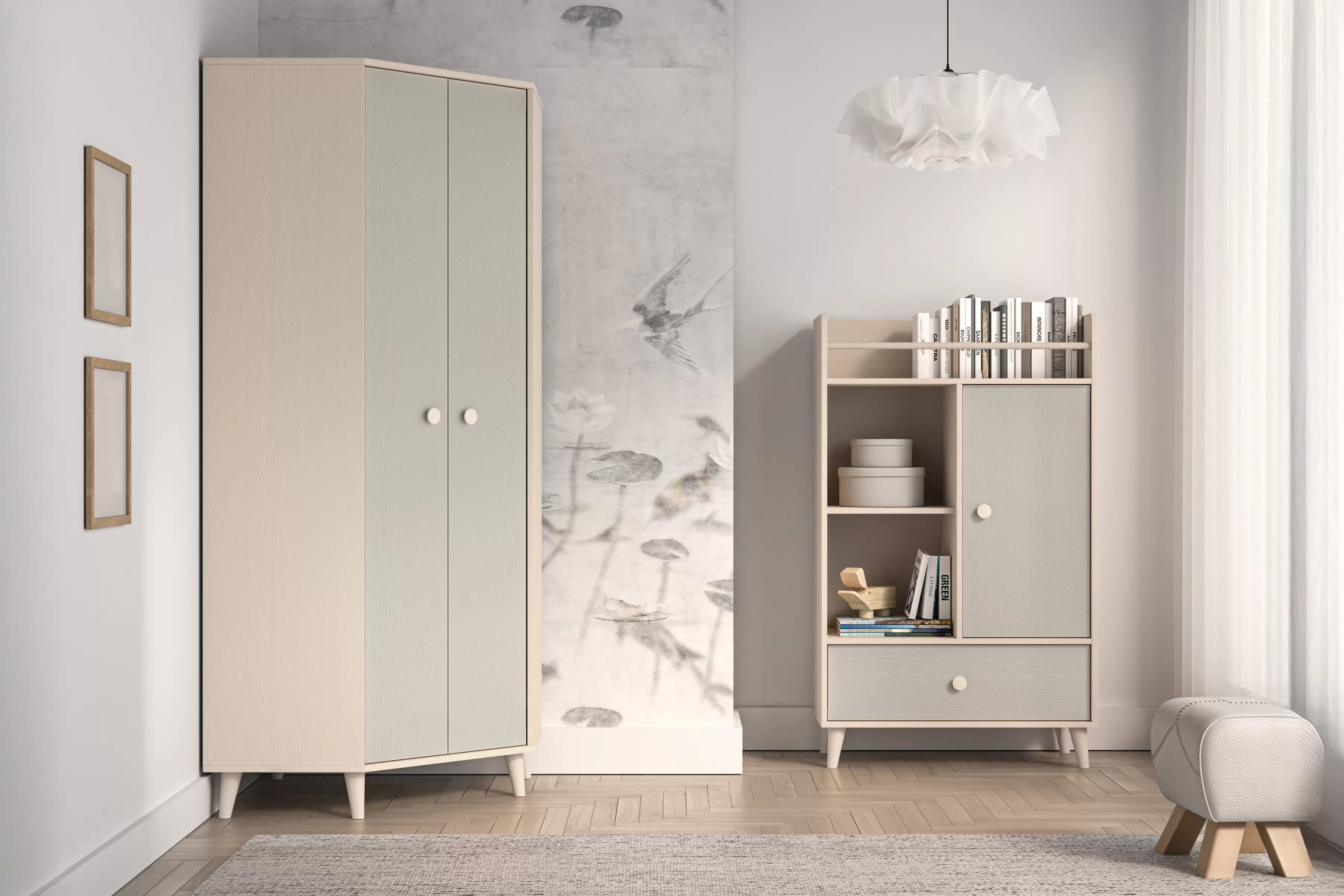 Rohová skriňa do detskej izby Marla 80 cm - púštny piesok / sivá Rohová skriňa Marla 80 cm - piasek pustyni / šedý pallad