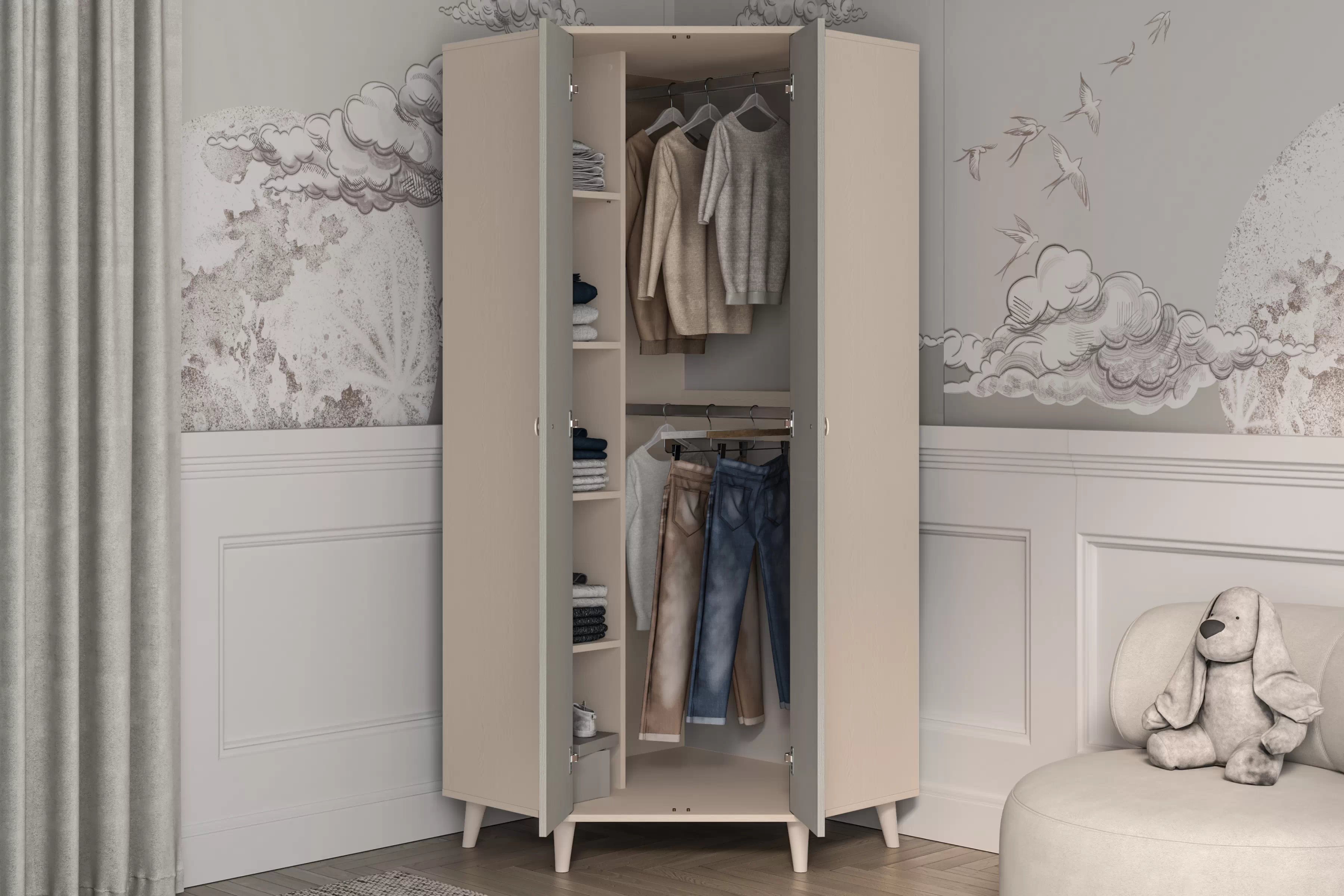 Rohová skriňa do detskej izby Marla 80 cm - púštny piesok / sivá Rohová skriňa Marla 80 cm - piasek pustyni / šedý pallad