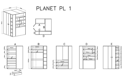 Rohová skříň Planet 1 L/P 135 cm - bílá lux / dub / mořská Skříň rohová Planet 1 L/P - Bílý lux / Dub / Mořský - schemat