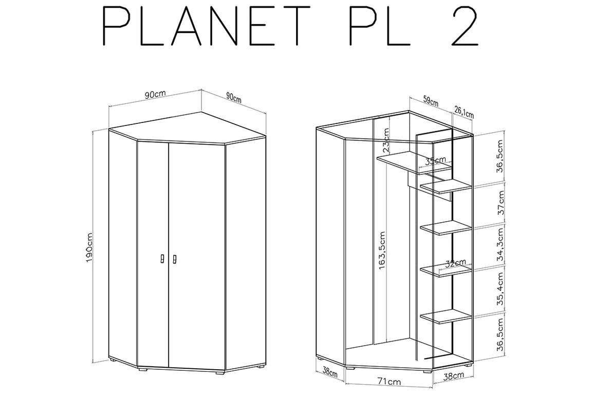 Rohová skriňa Planet 2 L/P - biely lux / Dub / Morský Rohová skriňa Planet 2 L/P - Biely lux / Dub / Morský - schemat