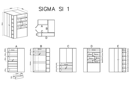 Rohová skriňa Sigma SI1 L/P - biely lux / betón / Dub Rohová skriňa Sigma SI1 L/P - Biely lux / betón / Dub - schemat