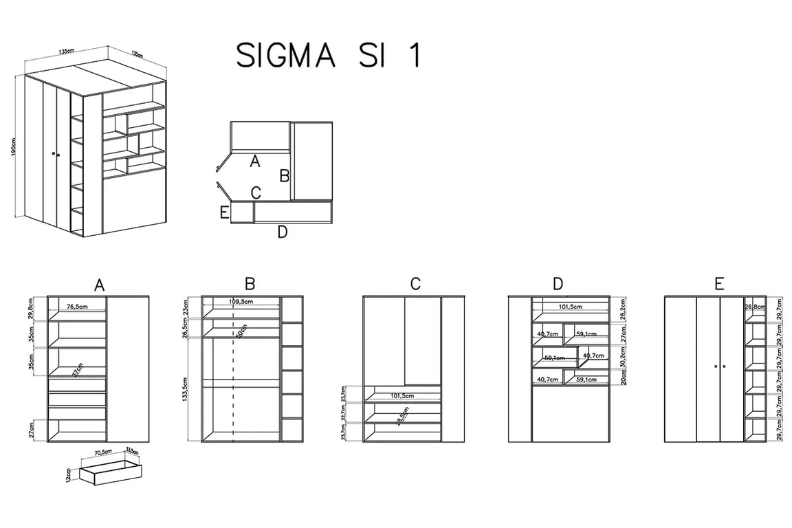 Rohová skříň Sigma SI1 L/P - bílý lux / beton / dub Skříň rohová Sigma SI1 L/P - Bílý lux / beton / Dub - schemat