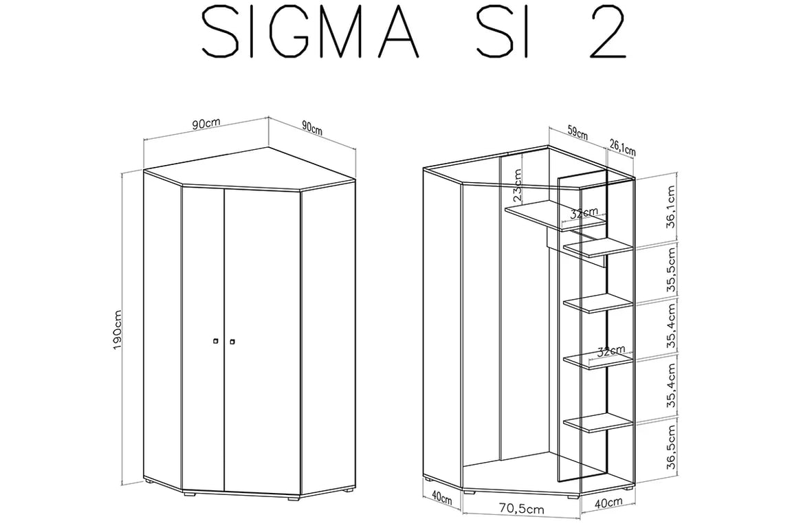 Rohová skříň Sigma SI2 L/P - bílý lux / beton / dub Skříň rohová Sigma SI2 L/P - Bílý lux / beton / Dub - schemat