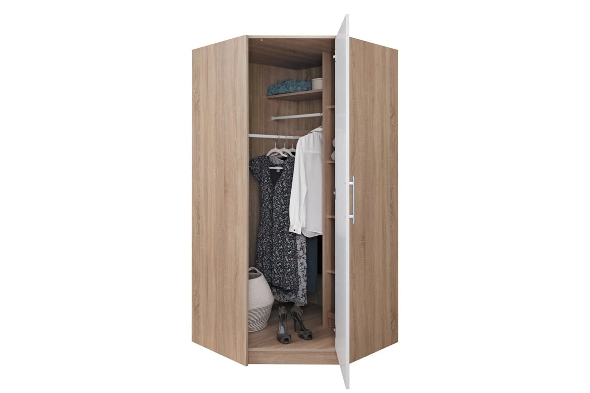 Rohová skriňa Smart SR4 - 95x95 cm - biely lux / dub sonoma  Rohová skriňa do predsiene s dvomi šatníkovými tyčami a policami 