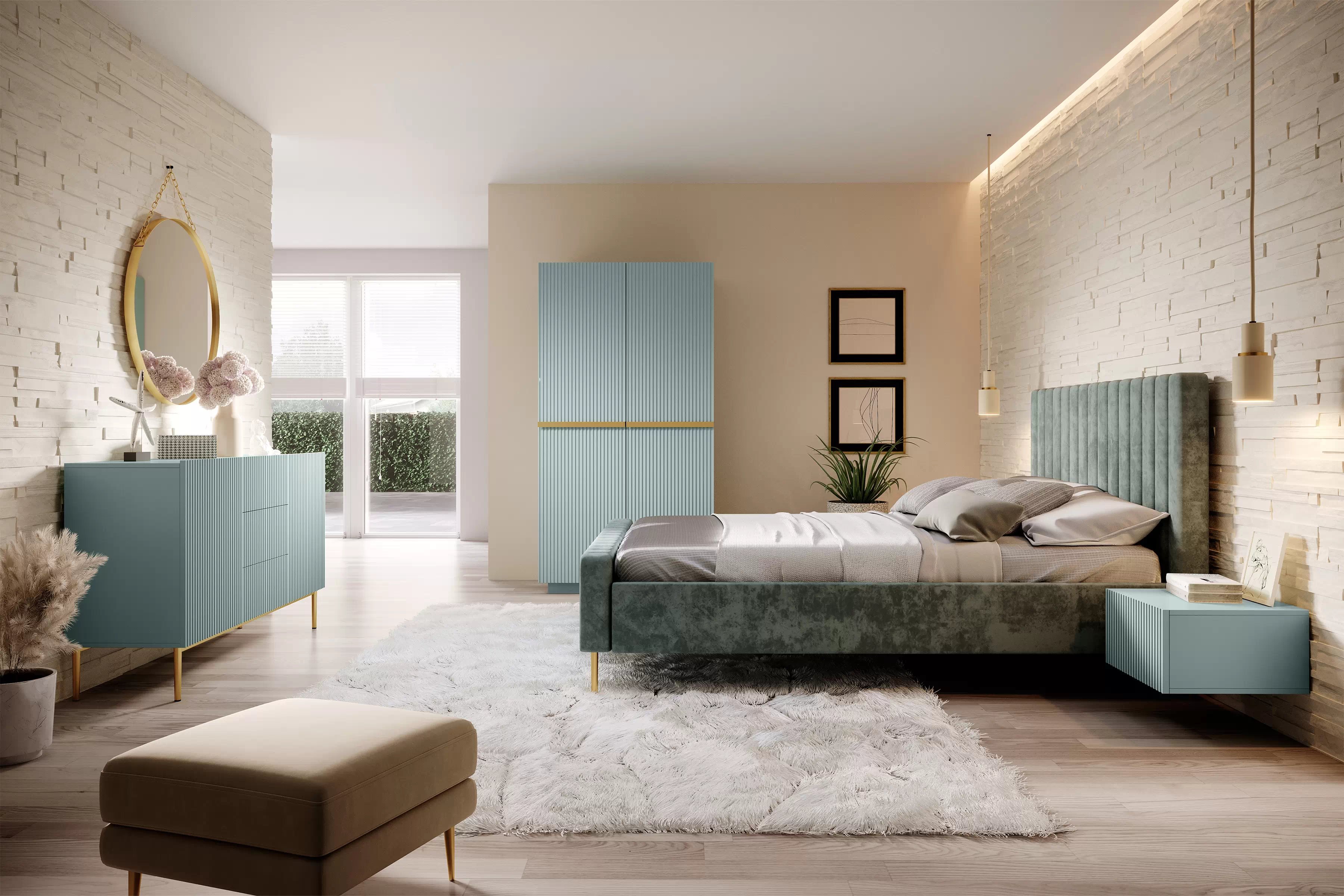 Šatníková skriňa Nicole 100 cm s drážkovaním - šalvia / zlaté úchyty - Limitovaná ponuka Skriňa Nicole 100 cm - szalwia / zlote úchyty