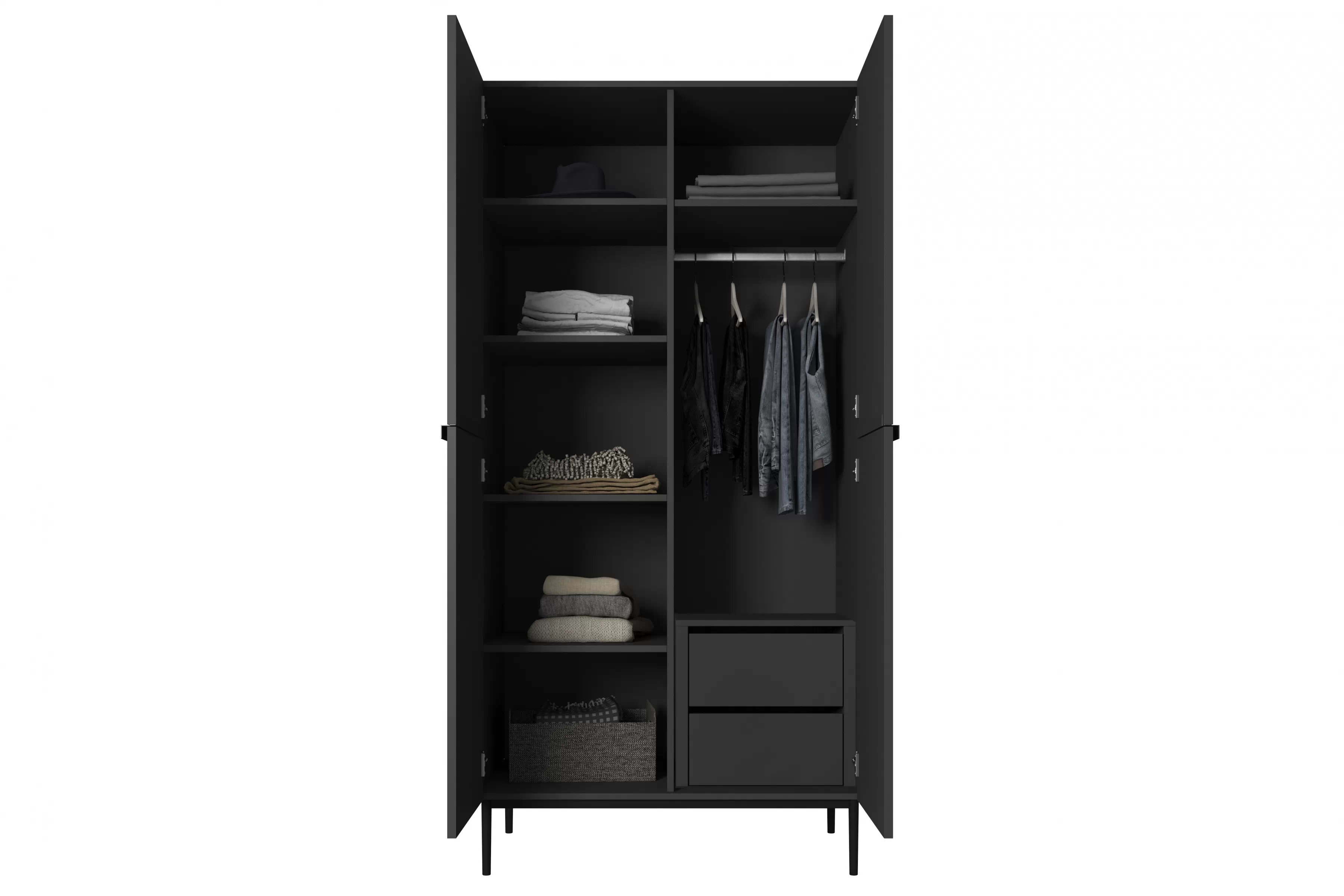 Skříň Nicole se zásuvkami 100 cm - černý mat / černé nožky skříň Nicole 100 cm z policemi i zásuvkami - černá mat / černá nozki