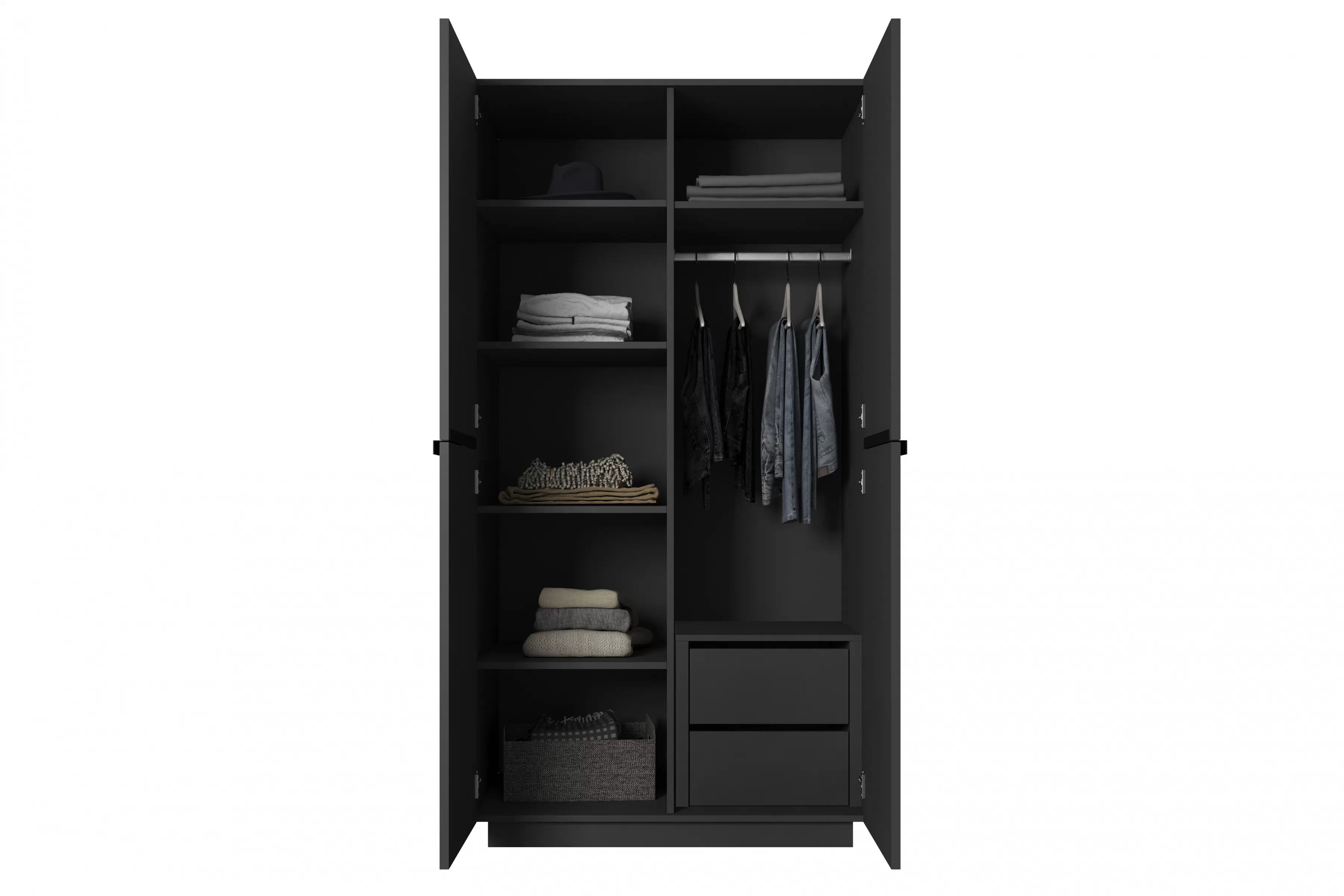 Skříň Nicole 100 cm se zásuvkami - černý mat / černé úchytky skříň Nicole 100 cm z policemi i zásuvkami - černá mat / černá Úchytky