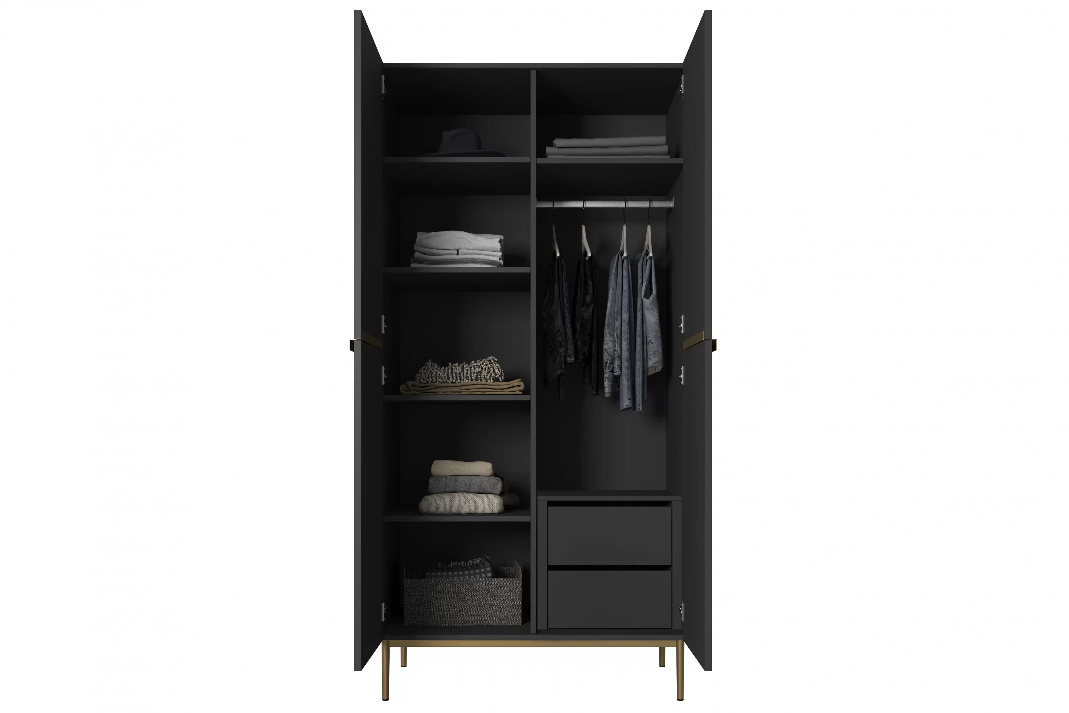 Skriňa Nicole s ukrytými zásuvkami a kovovými nožičkami 100 cm - čierny mat / zlaté nožičky Skriňa Nicole 100 cm z policami i zásuvkami - Čierny mat / zlote nozki