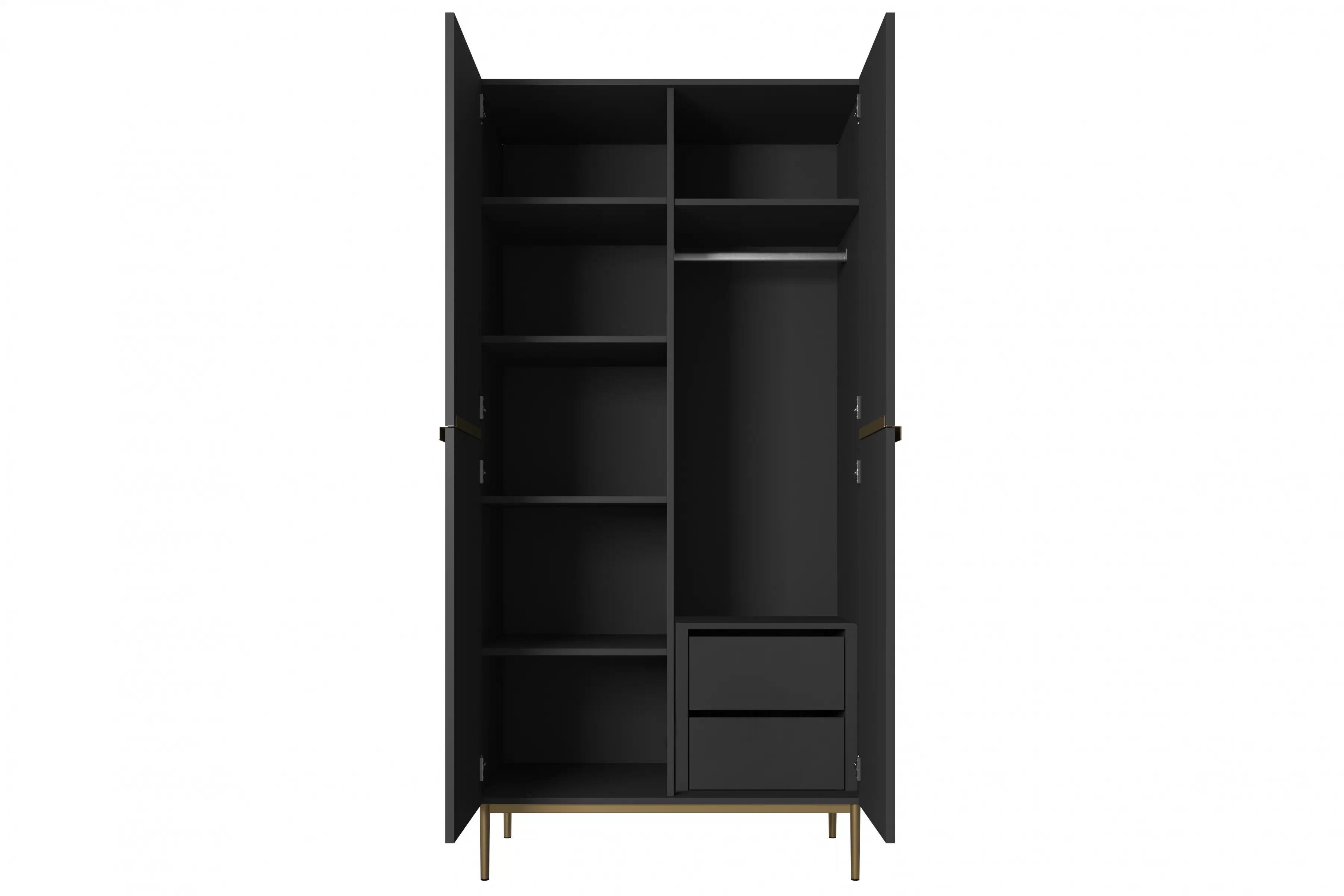 Skriňa Nicole s ukrytými zásuvkami a kovovými nožičkami 100 cm - čierny mat / zlaté nožičky Skriňa Nicole 100 cm z policami i zásuvkami - Čierny mat / zlote nozki