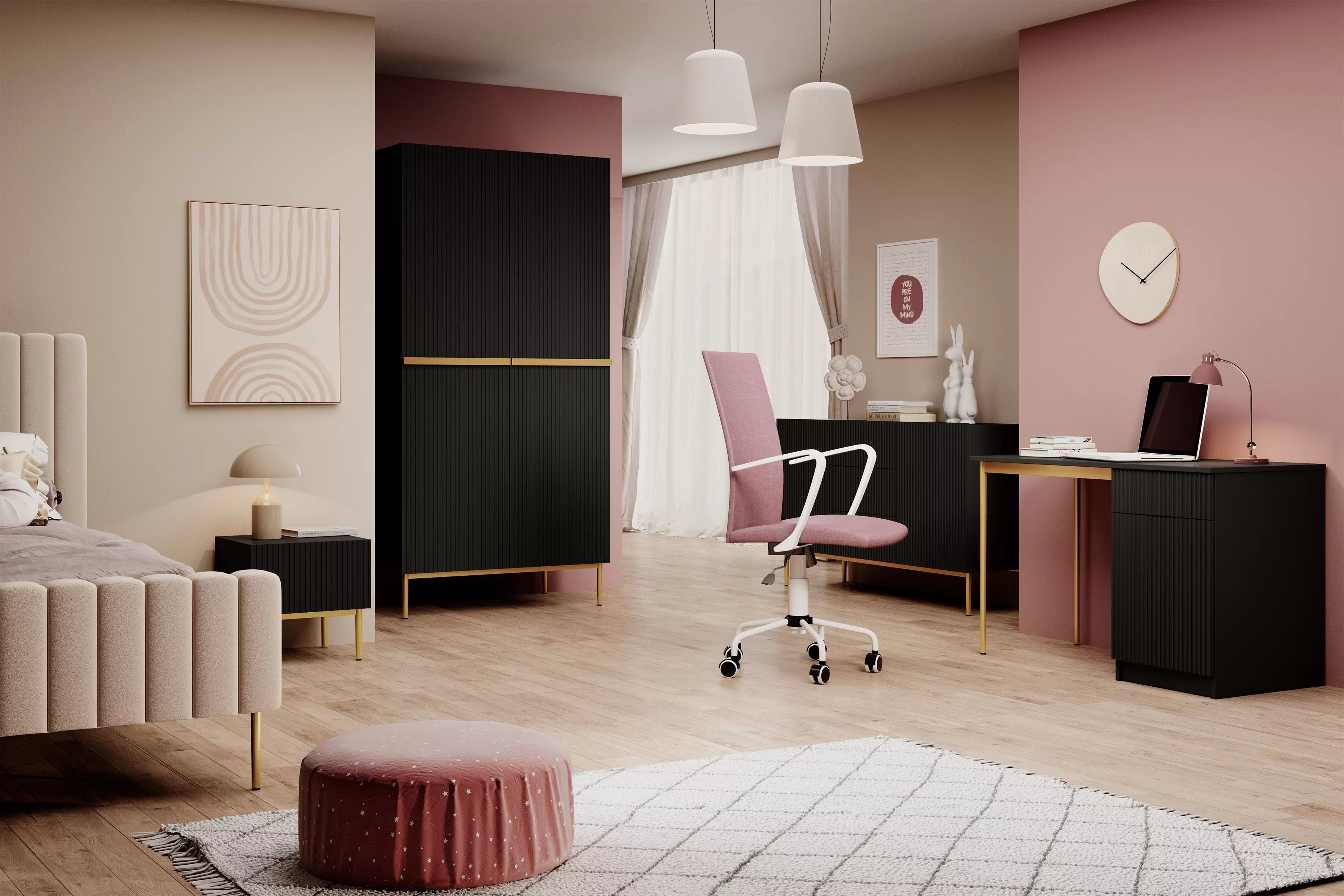 Skriňa Nicole s ukrytými zásuvkami a kovovými nožičkami 100 cm - čierny mat / zlaté nožičky Skriňa Nicole 100 cm so zásuvkami i metalowymi nogami - Čierny mat / zlote nozki