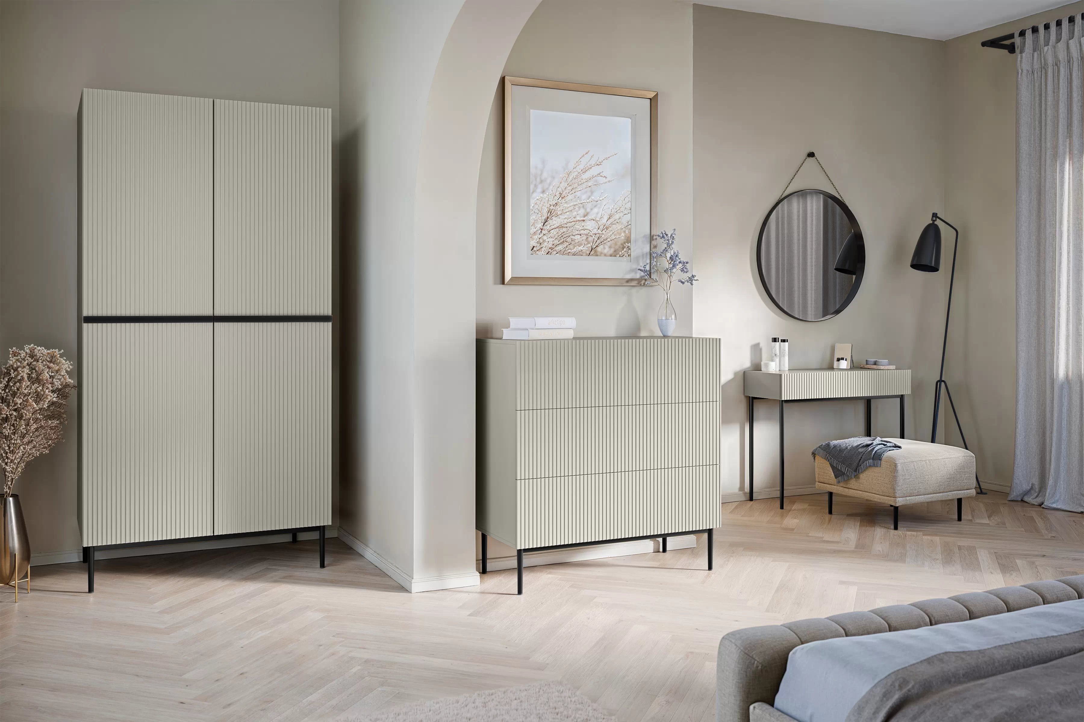 Skriňa Nicole s ukrytými zásuvkami a kovovými nožičkami 100 cm - kašmírová / čierne nožičky Skriňa Nicole 100 cm so zásuvkami i metalowymi nogami - kašmír / čierny nozki