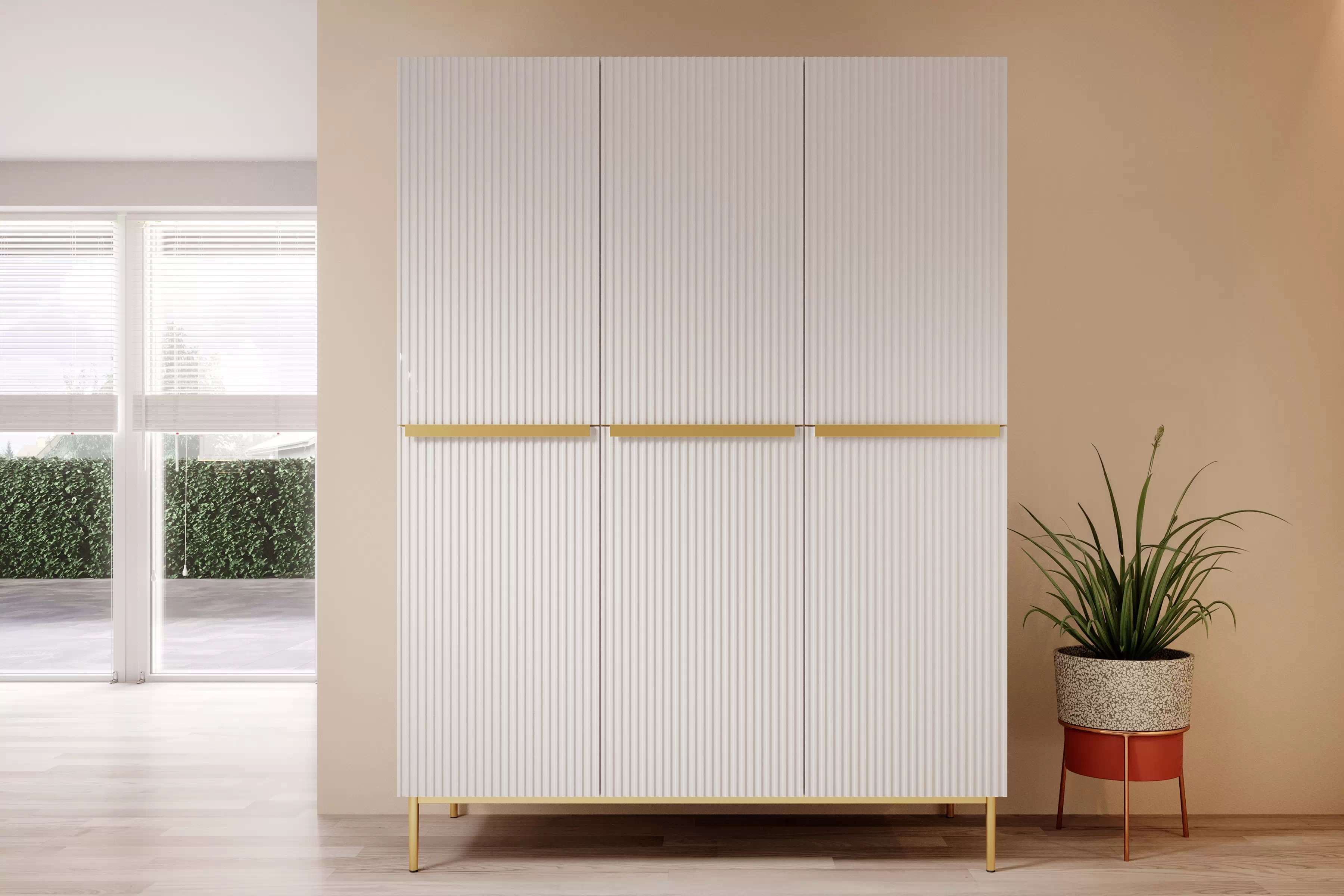 Skriňa Nicole 150 cm na sokli - biely mat / zlaté úchytky Skriňa Nicole 150 cm z policami - biely mat / zlote úchyty