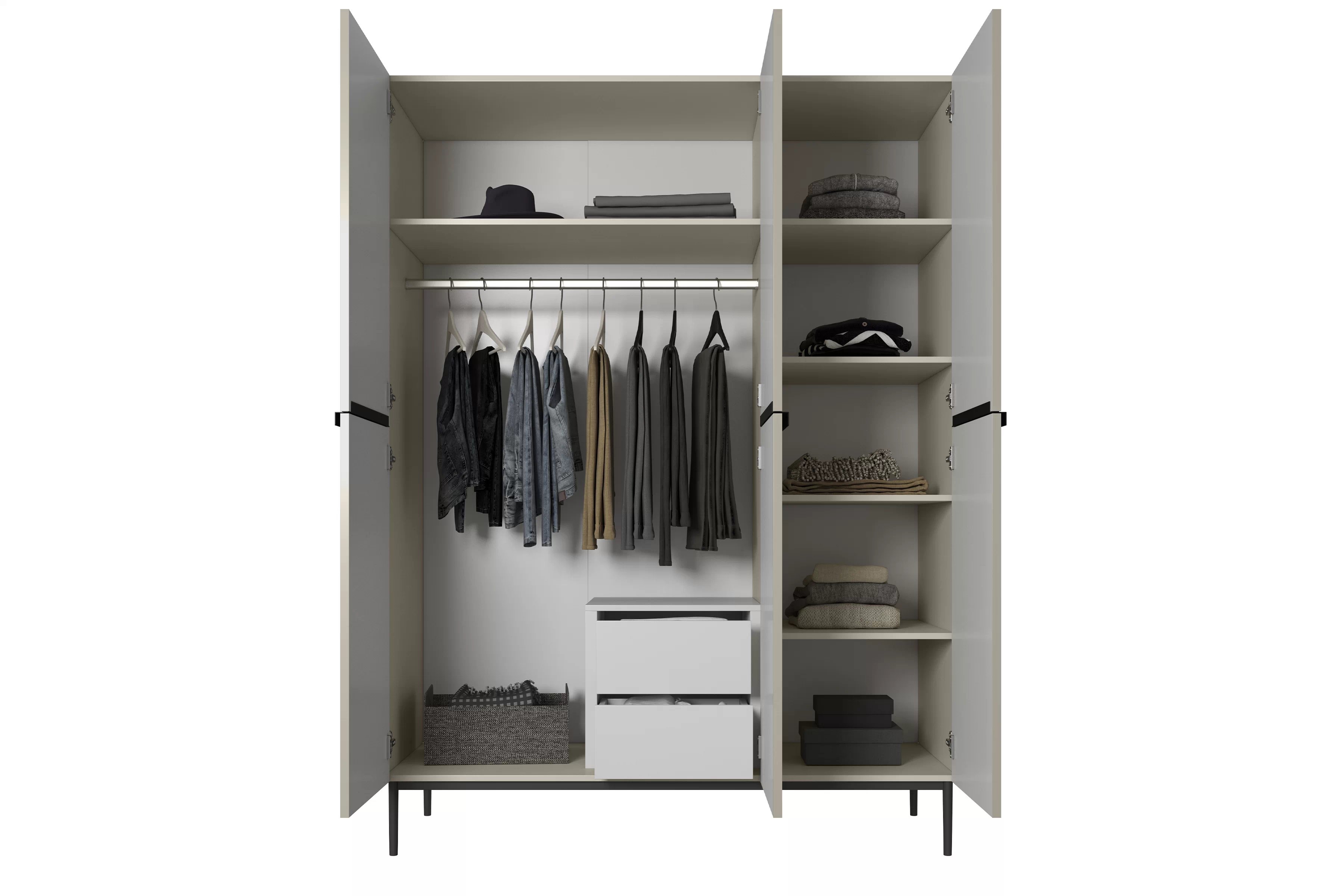 Skriňa Nicole 150 cm s ukrytými zásuvkami - biely mat / čierne nožičky Skriňa Nicole 150 cm z policami i zásuvkami - biely mat / čierny nozki