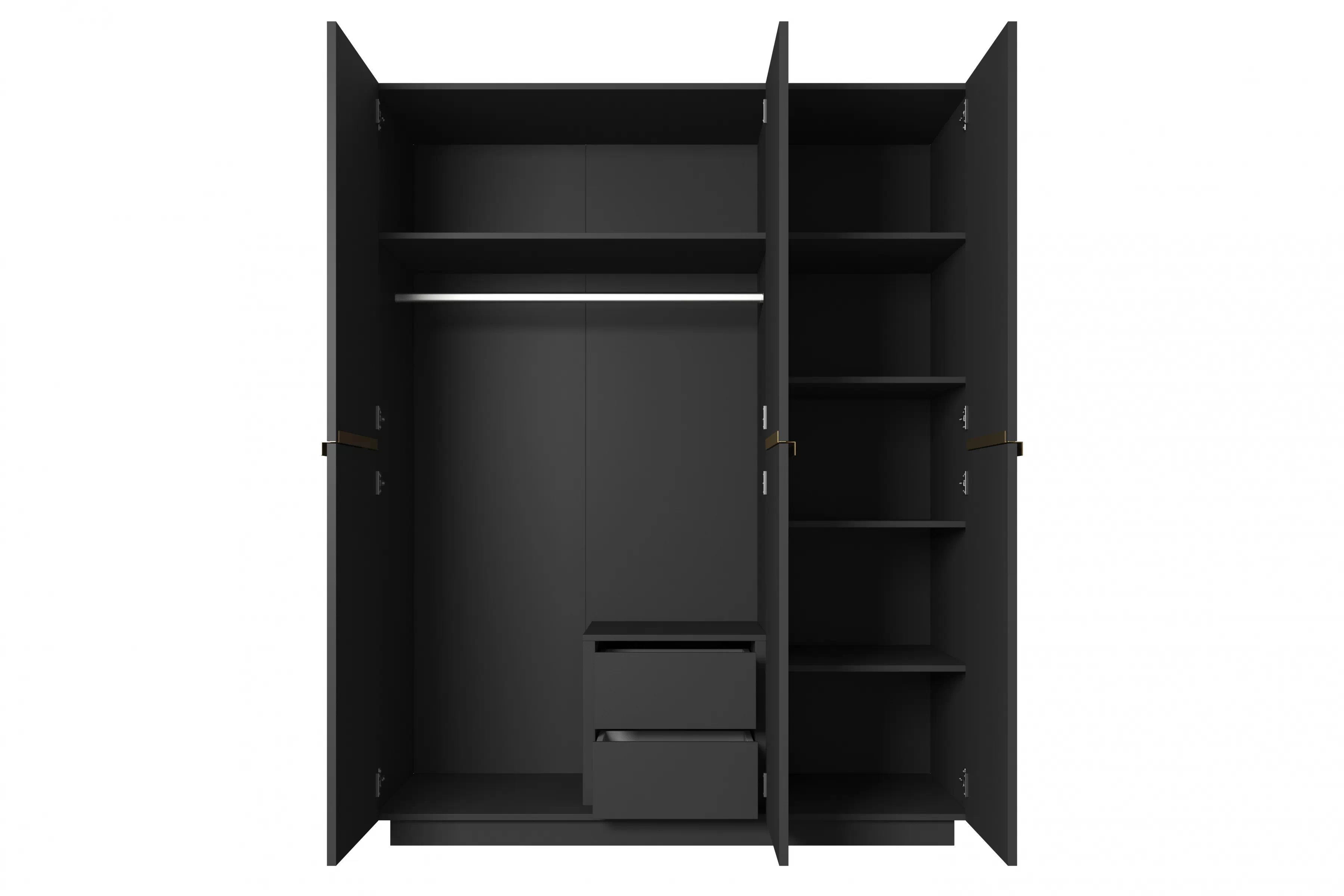 Šatní skříň Nicole 150 cm se zásuvkami - černý mat / zlaté úchytky skříň Nicole 150 cm z policemi i zásuvkami - černá mat / zlote Úchytky