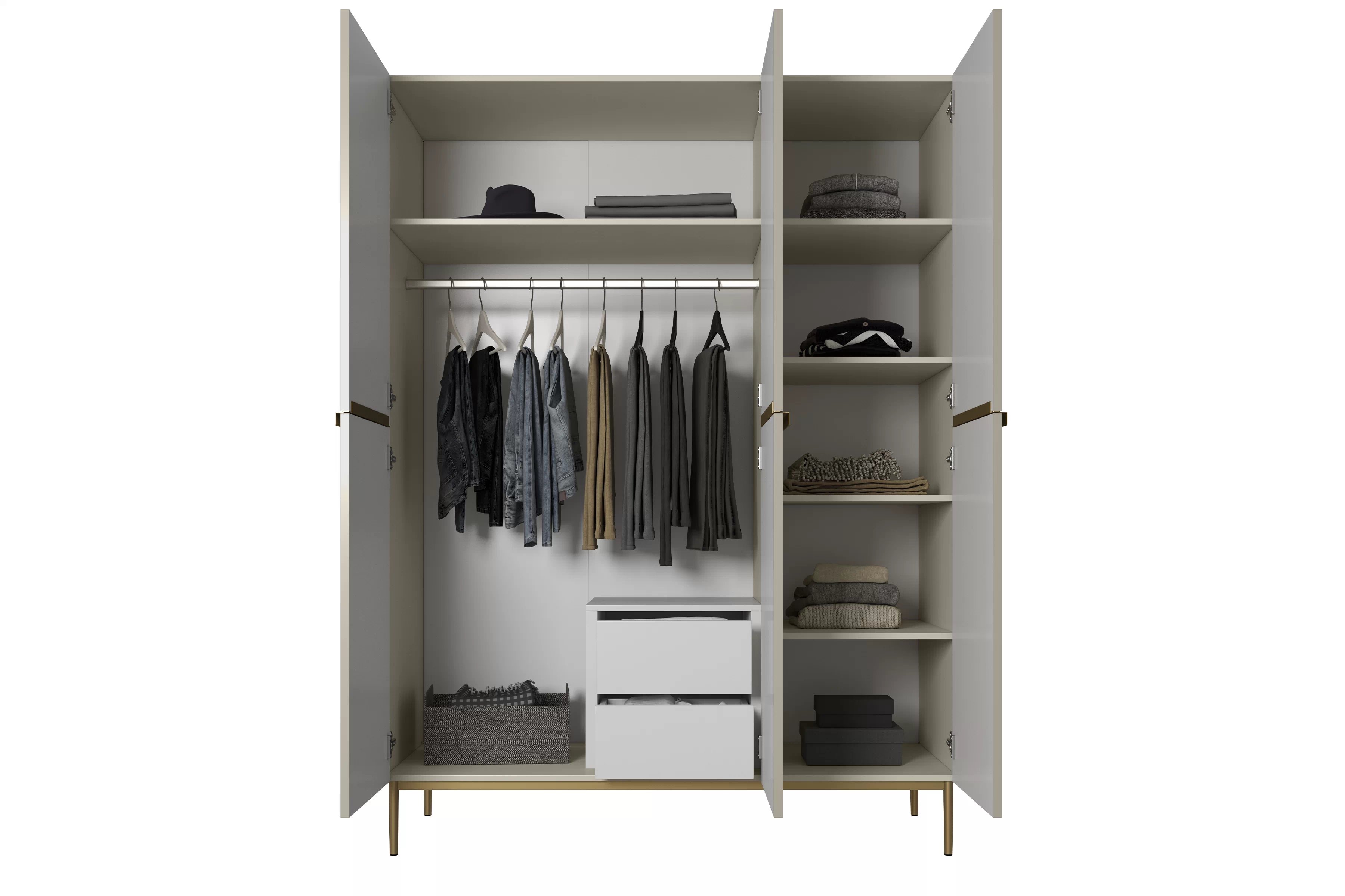 Skriňa Nicole 150 cm s ukrytými zásuvkami - kašmírová / zlaté nožičky Skriňa Nicole 150 cm z policami i zásuvkami - kašmír / zlote nozki