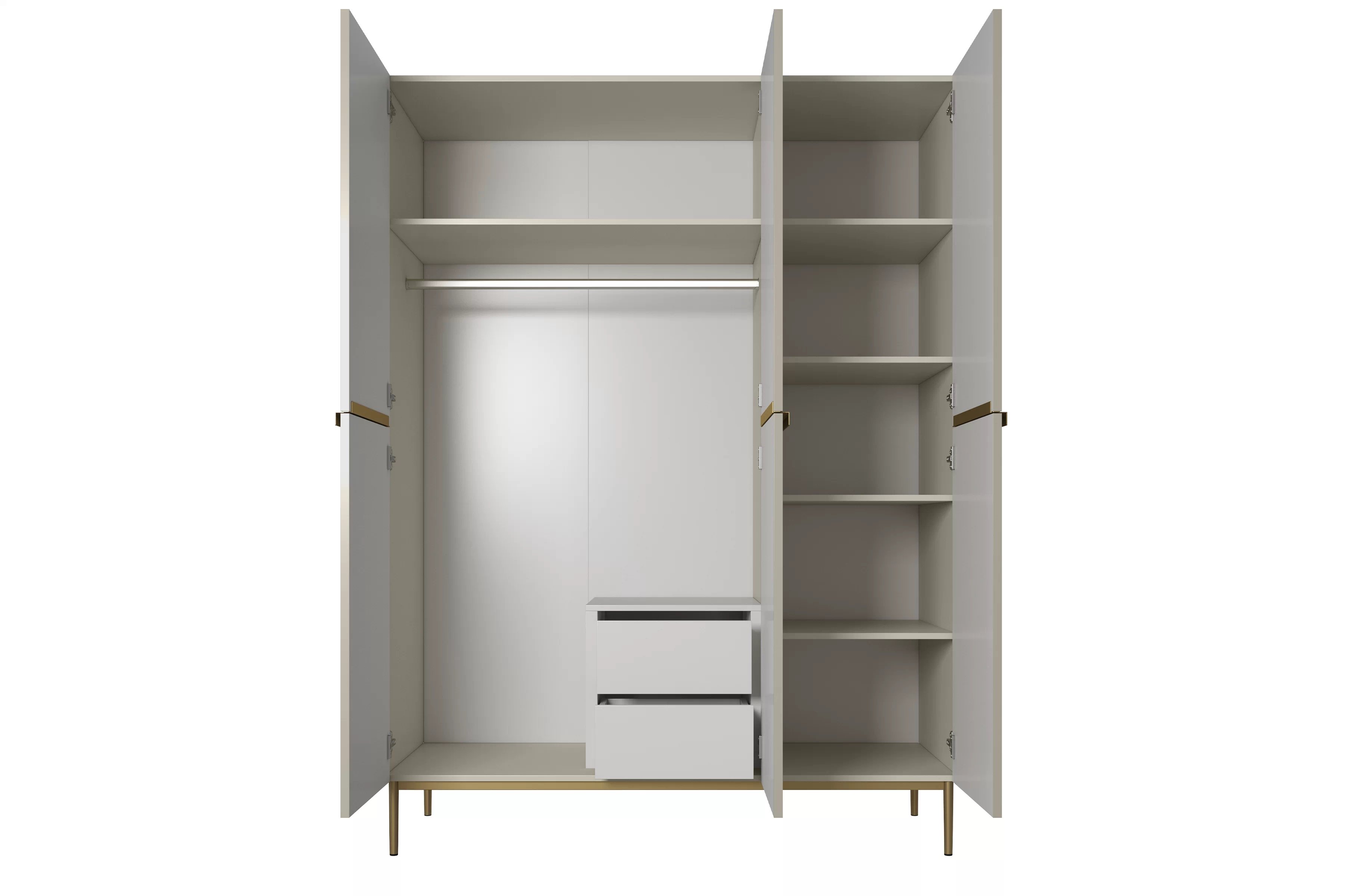 Skriňa Nicole 150 cm s ukrytými zásuvkami - kašmírová / zlaté nožičky Skriňa Nicole 150 cm z policami i zásuvkami - kašmír / zlote nozki