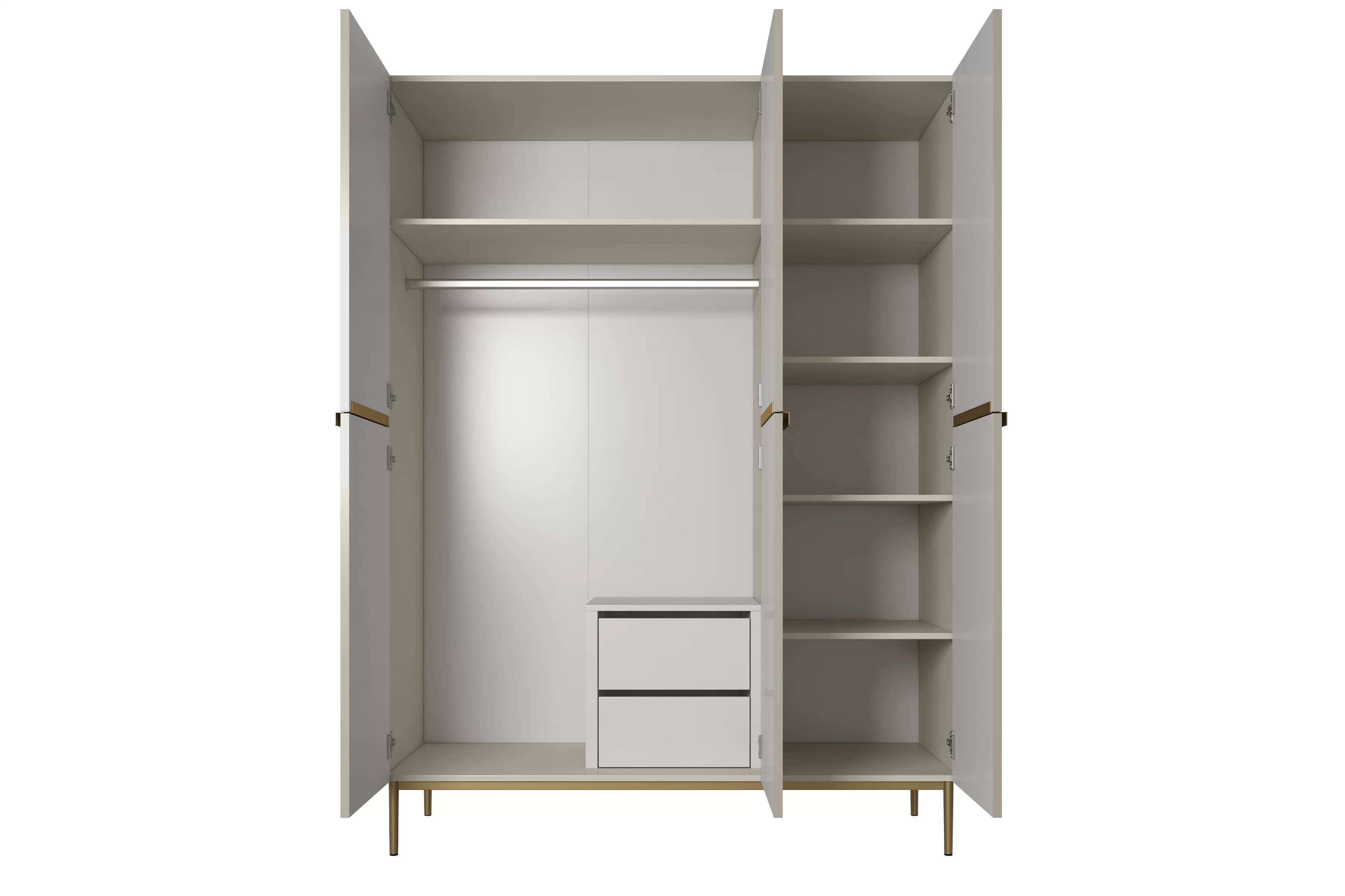 Skriňa Nicole 150 cm s ukrytými zásuvkami - kašmírová / zlaté nožičky Skriňa Nicole 150 cm z policami i zásuvkami - kašmír / zlote nozki