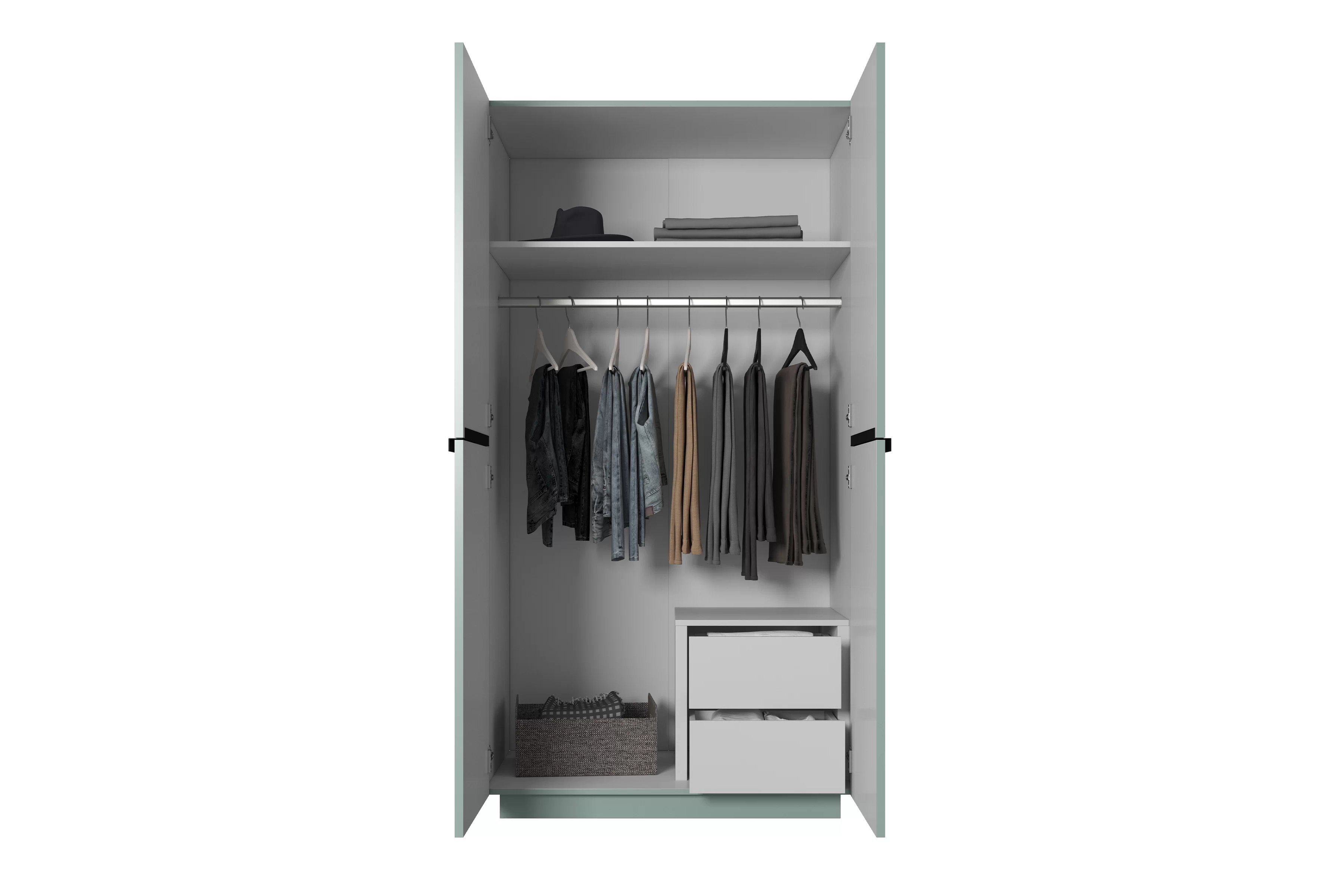 Šatníková skriňa Nicole 100 cm so zásuvkami - šalvia / čierne úchyty - Limitovaná ponuka Skriňa Nicole z ukrytymi zásuvkami i metalowymi uchwytami 100 cm - szalwia / čierny úchyty